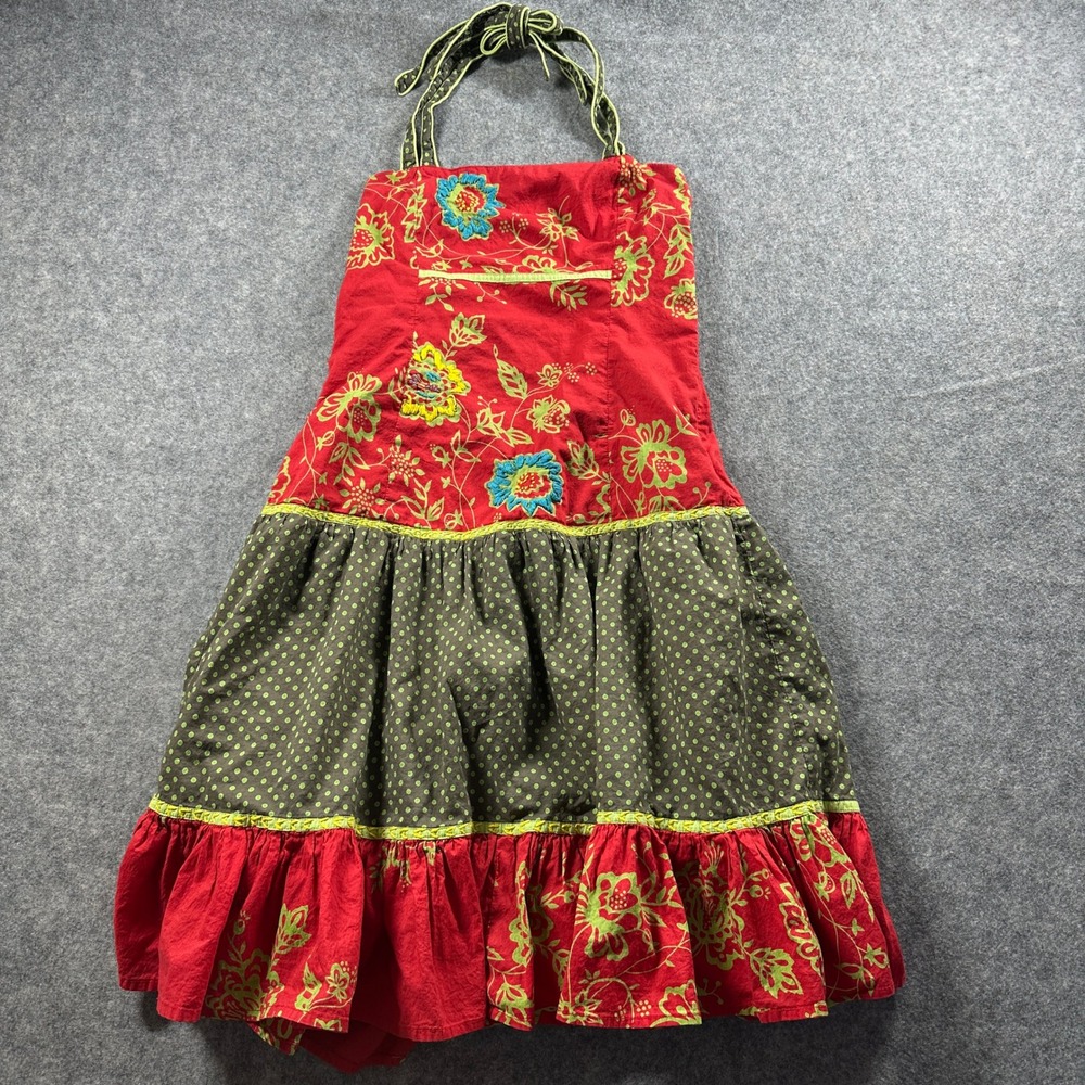 Vtg Pura Vida Halter Dress 8 Red Embroidered Floral Polka Dot Boho Tiered Cotton